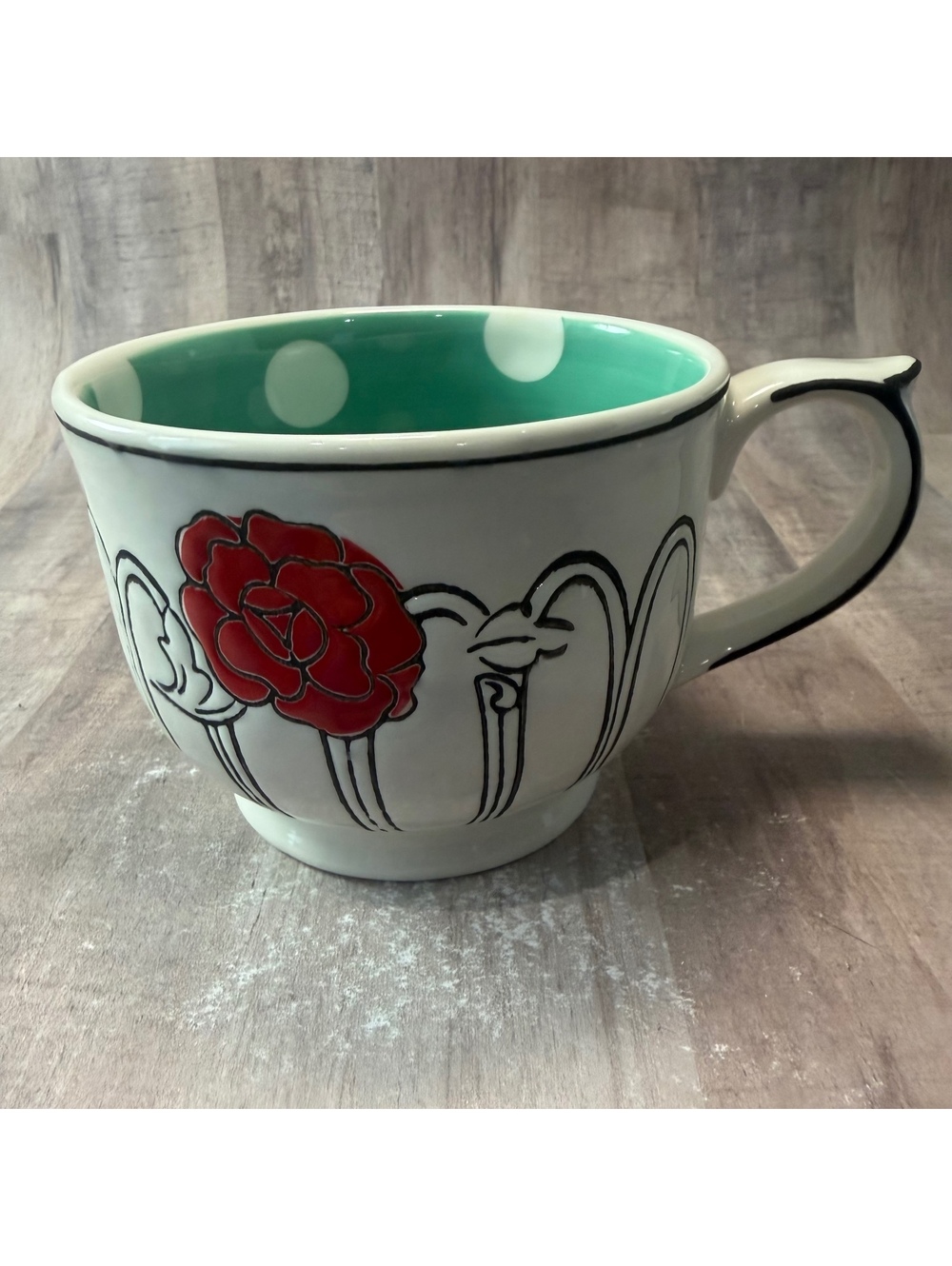 Molly Hatch Polka Dot Interior Ceramic Coffee Mug Flower White Teal Red Cup